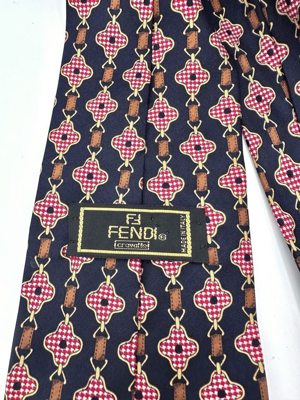 Fendi Vintage Silk Tie Red White Blue Equestrian Chain Link Cravatte - ITALY